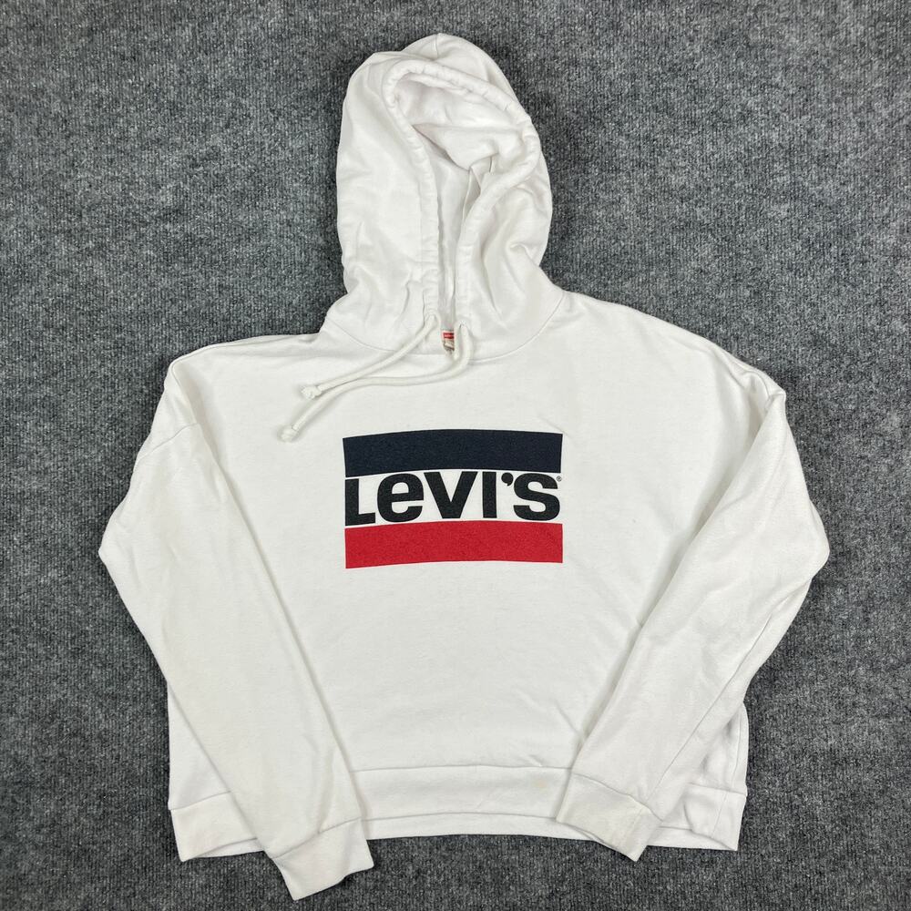 Levi's Hoodie Womens Size S White Box Logo Graphic Relaxed Fit Cropped Pullover